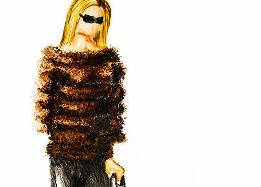 Cropped fashion design with painted fur and purse